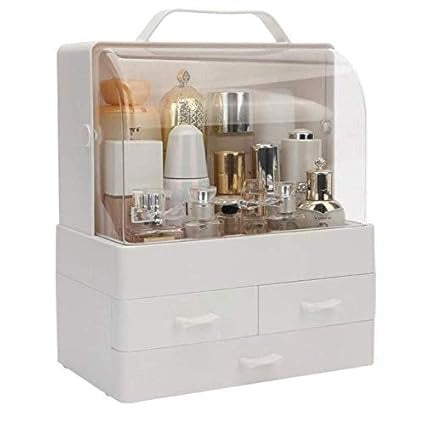 Makeup Organizer with Dustproof Lid, Handle, and 3 Drawers